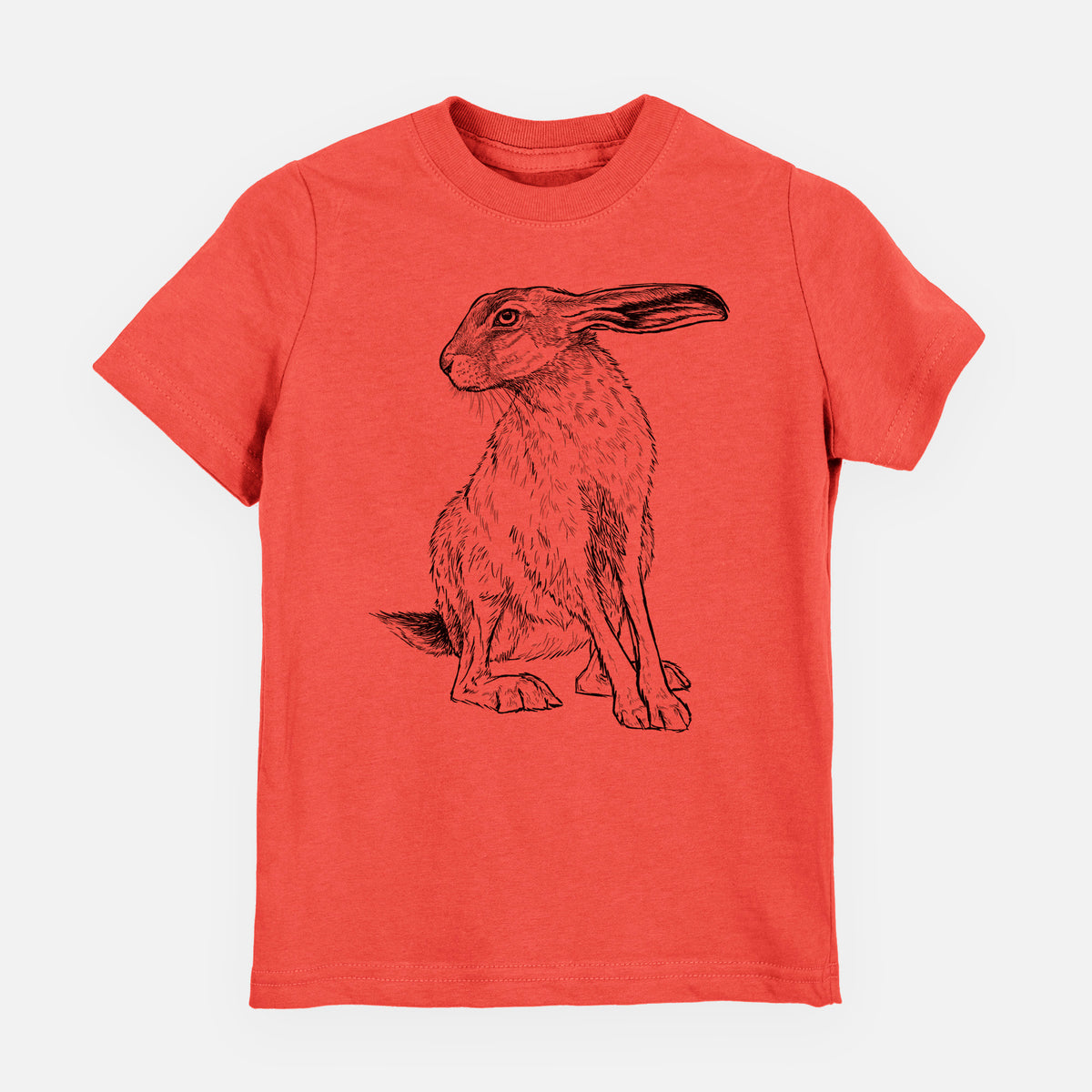 Passionfruit pink youth t-shirt laid flat, printed with a detailed black ink illustration of a black-tailed jackrabbit sitting with long upright ears.