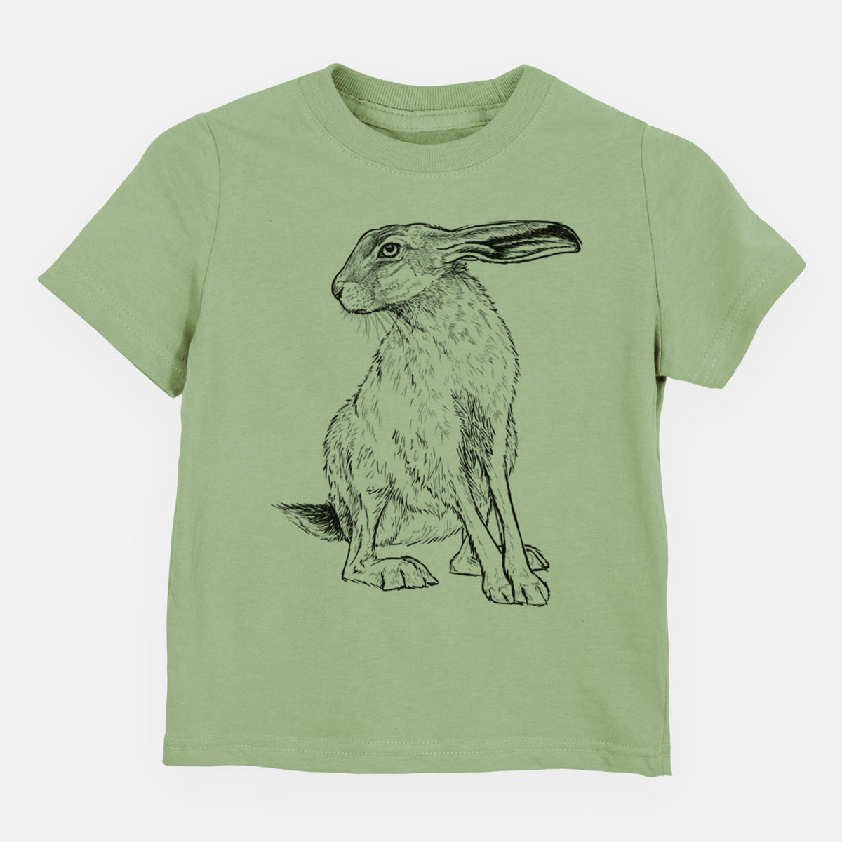 Sage green toddler t-shirt laid flat, printed with a detailed black ink illustration of a black-tailed jackrabbit sitting with long upright ears.