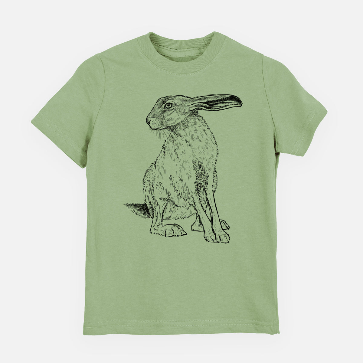 Sage green youth t-shirt laid flat, printed with a detailed black ink illustration of a black-tailed jackrabbit sitting with long upright ears.