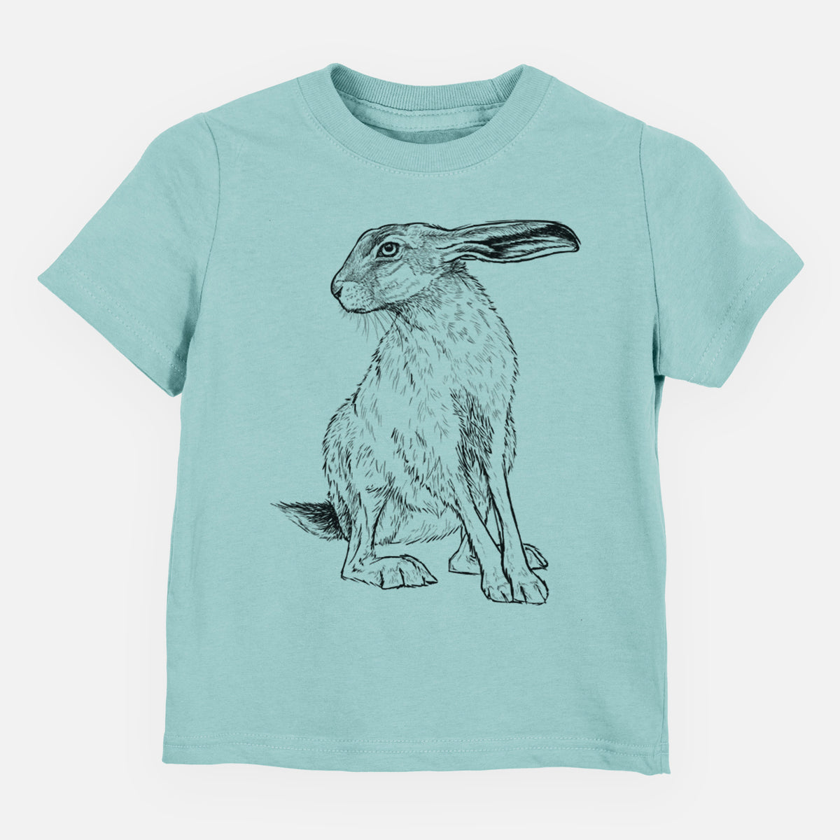 Saltwater toddler t-shirt laid flat, printed with a detailed black ink illustration of a black-tailed jackrabbit sitting with long upright ears.
