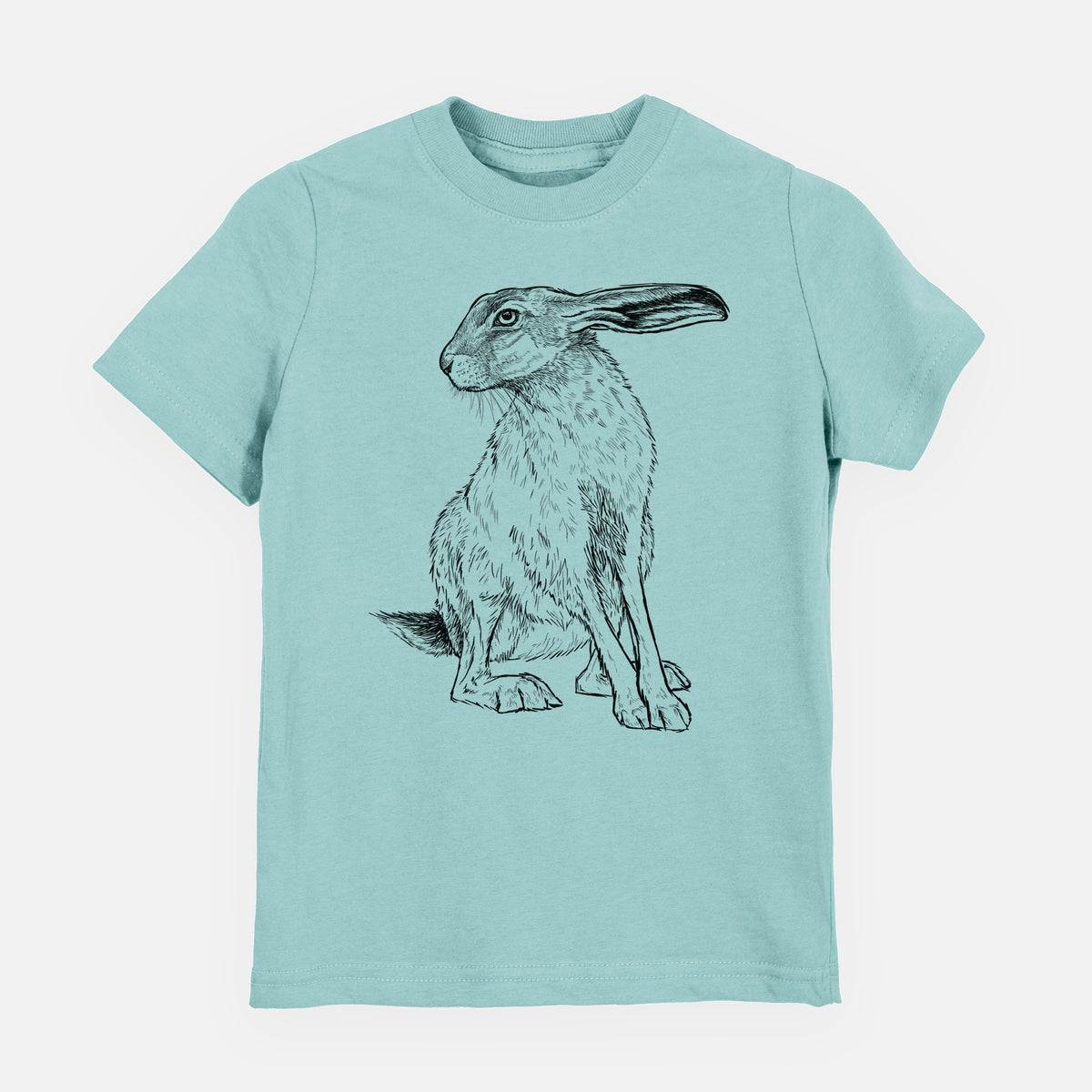 Saltwater youth t-shirt laid flat, printed with a detailed black ink illustration of a black-tailed jackrabbit sitting with long upright ears.