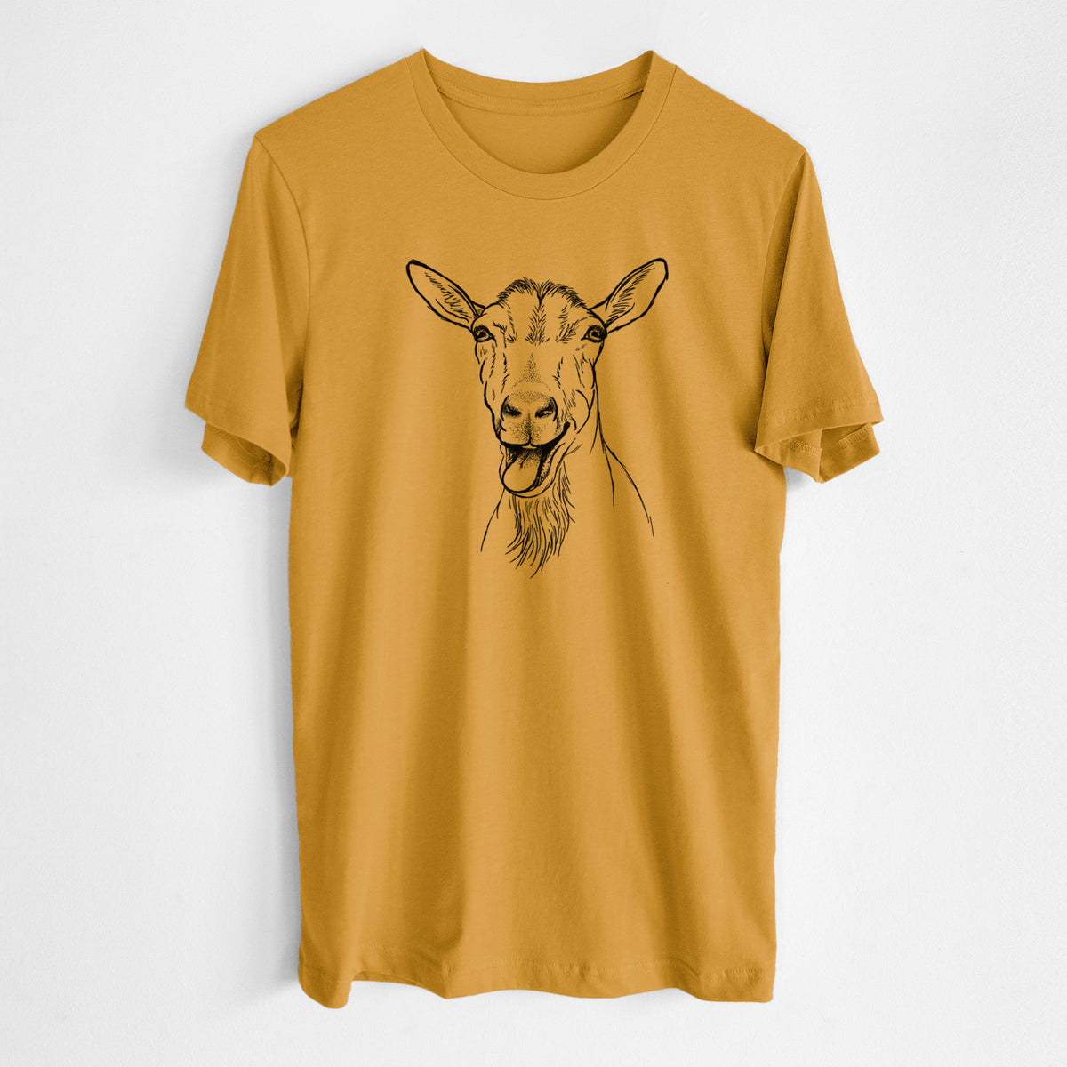 Honeycomb yellow lightweight cotton t-shirt laid flat, printed with a black ink illustration of a goat's head with its mouth open mid-bleat and its tongue out.