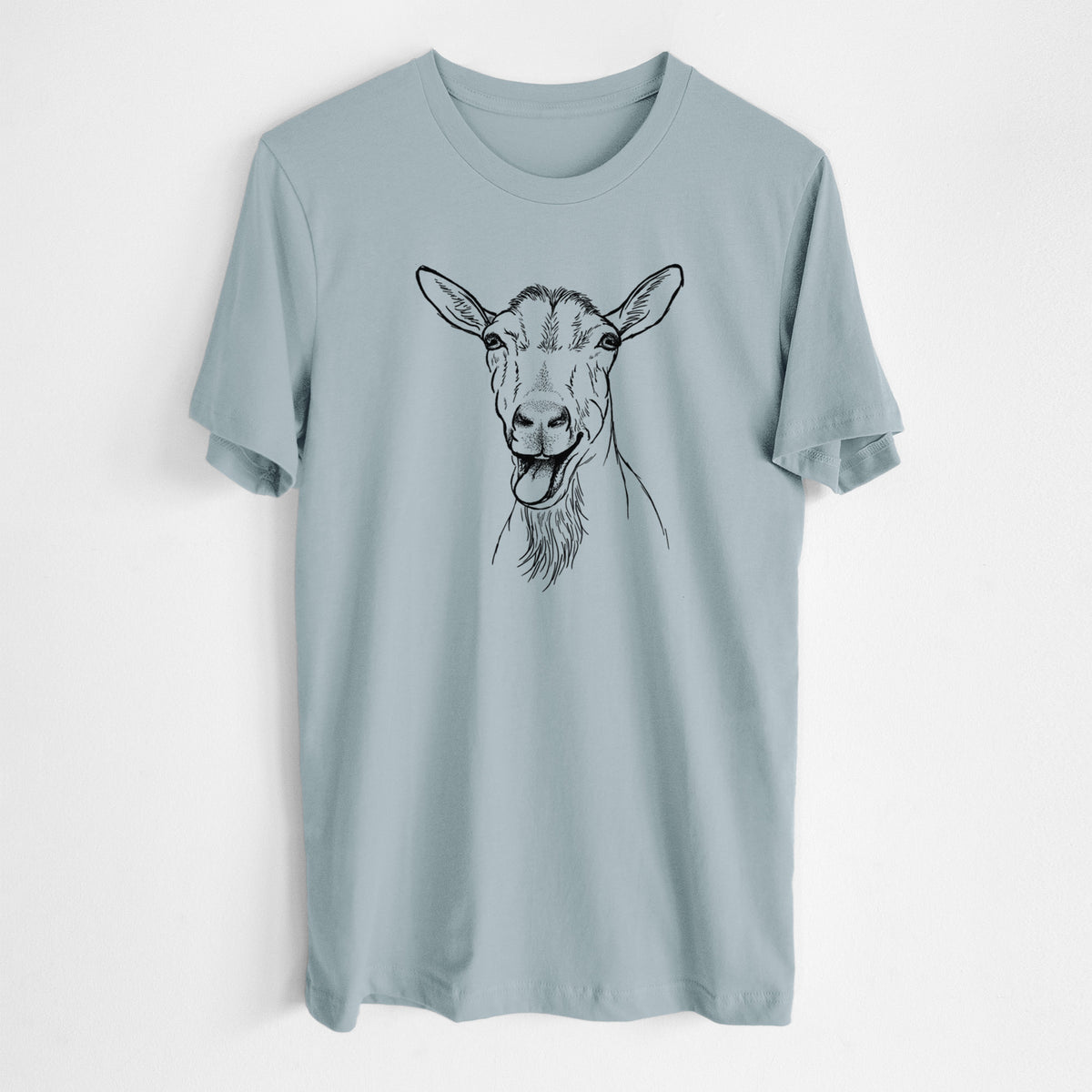 Vintage denim lightweight cotton t-shirt laid flat, printed with a black ink illustration of a goat's head with its mouth open mid-bleat and its tongue out.