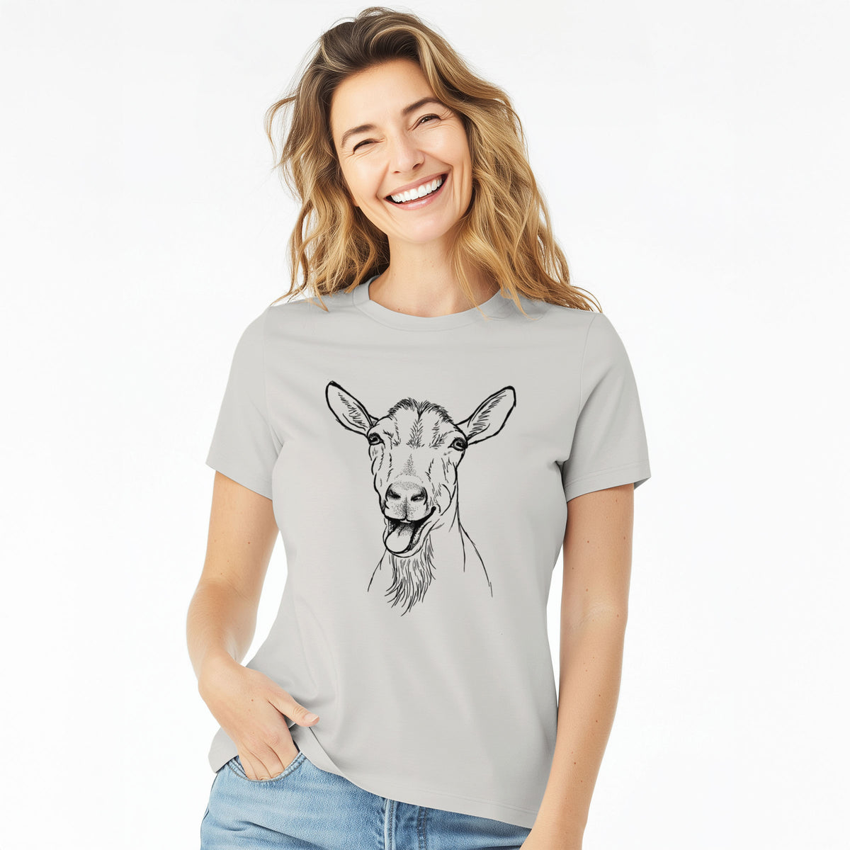 Woman wearing a lunar grey women's relaxed fit cotton t-shirt printed with a black ink illustration of a goat's head with its mouth open mid-bleat and its tongue out.