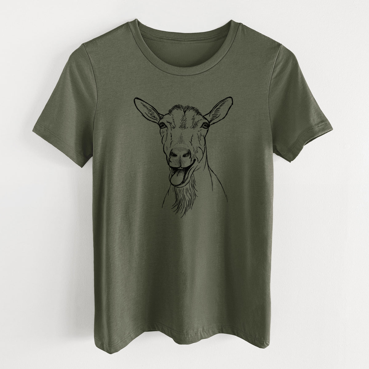 Military green women's relaxed fit cotton t-shirt laid flat, printed with a black ink illustration of a goat's head with its mouth open mid-bleat and its tongue out.
