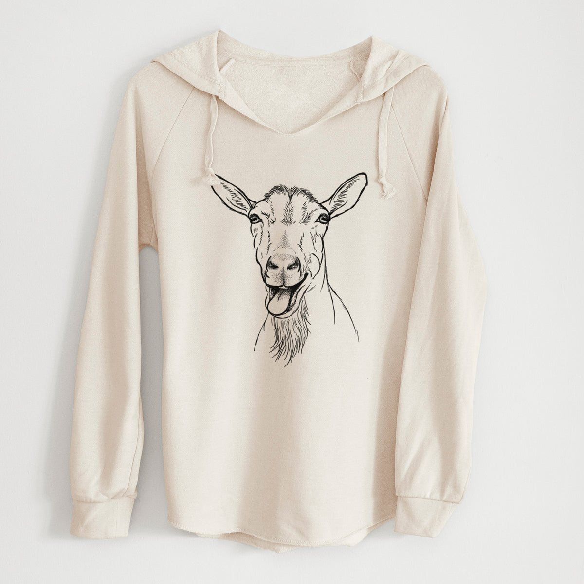 Bone cream women's Cali Wave hooded sweatshirt laid flat, printed with a black ink illustration of a goat's head with its mouth open mid-bleat and its tongue out.