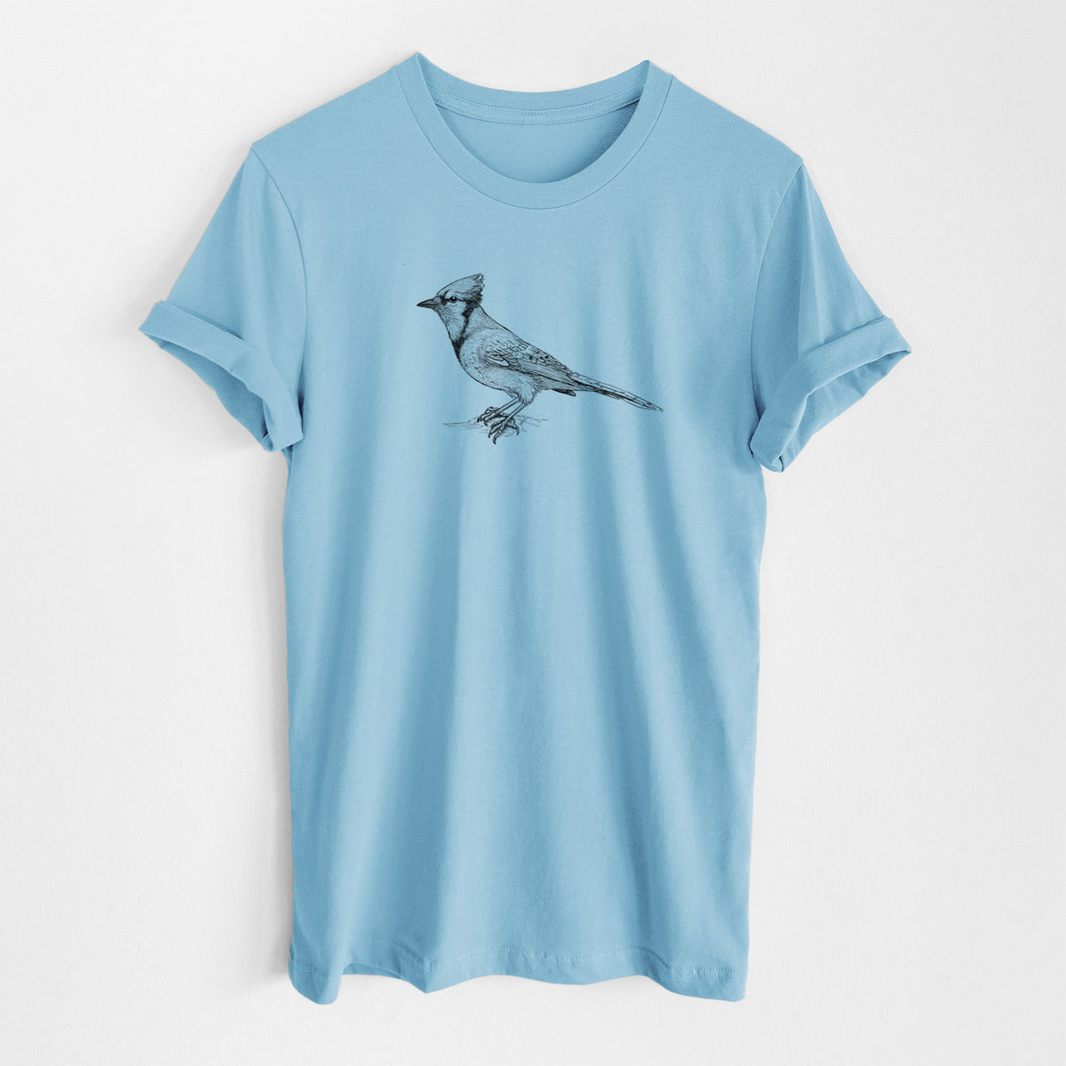 Ocean blue lightweight cotton t-shirt laid flat, printed with a detailed black ink sketch of a blue jay perched with its crest raised.