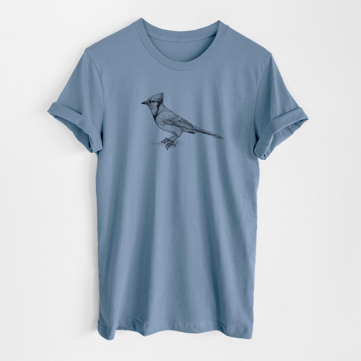 Steel blue lightweight cotton t-shirt laid flat, printed with a detailed black ink sketch of a blue jay perched with its crest raised.