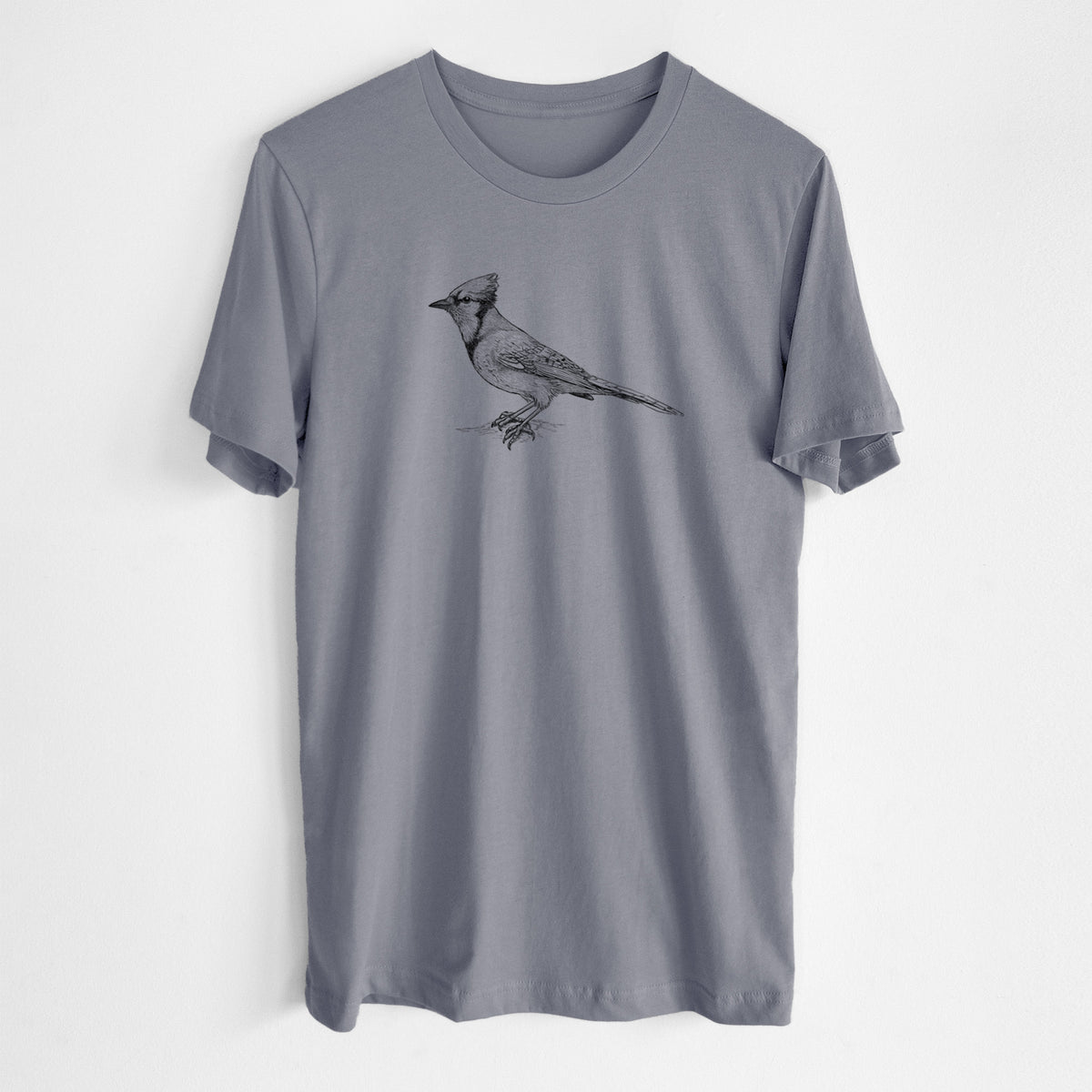 Storm grey lightweight cotton t-shirt laid flat, printed with a detailed black ink sketch of a blue jay perched with its crest raised.