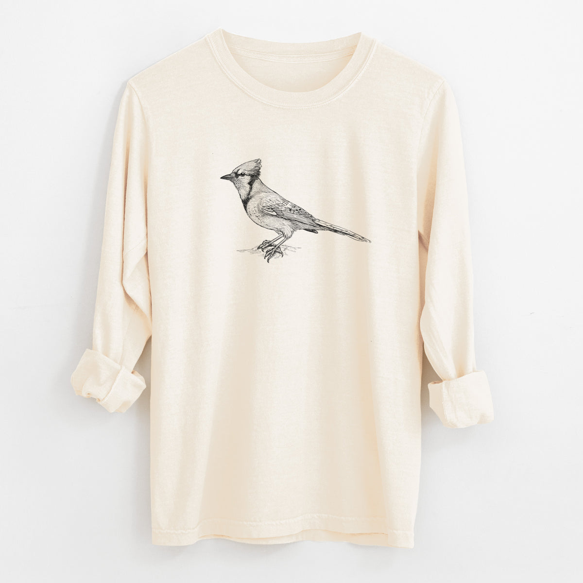 Ivory Comfort Colors long sleeve shirt laid flat with the cuffs rolled, printed with a detailed black ink sketch of a blue jay perched with its crest raised.