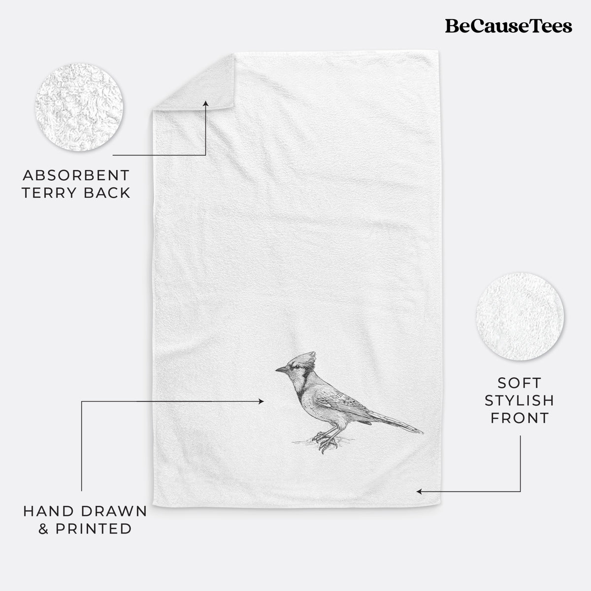 White hand towel printed with a detailed black ink sketch of a blue jay perched with its crest raised.