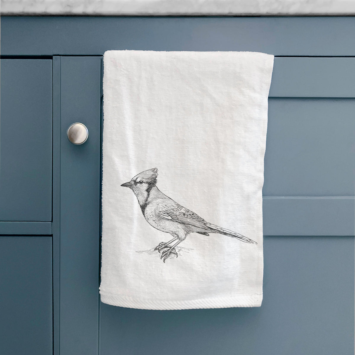 White hand towel printed with a detailed black ink sketch of a blue jay perched with its crest raised, hanging on a cabinet door.