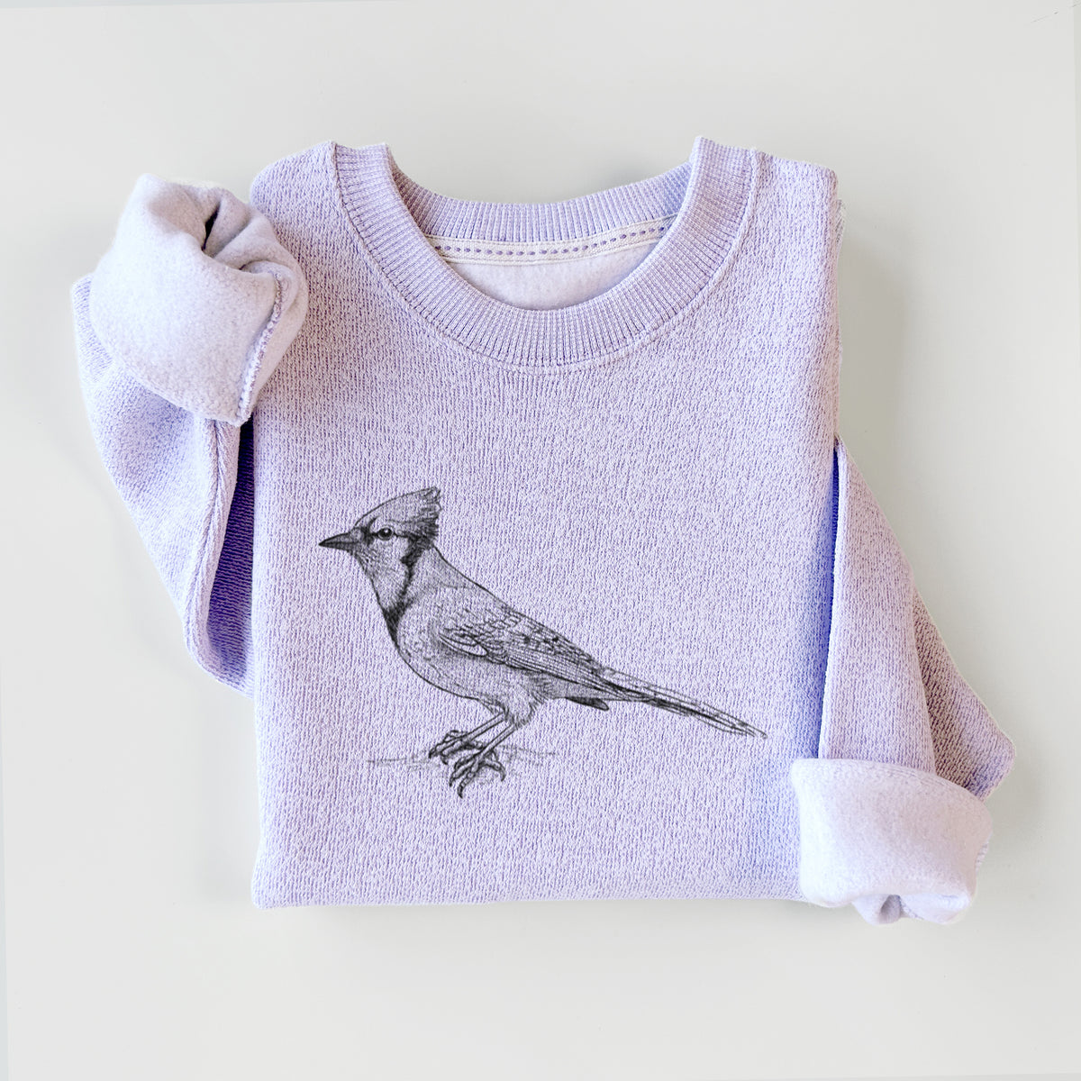 Ice purple knit sweatshirt printed with a detailed black ink sketch of a blue jay perched with its crest raised, styled flat.