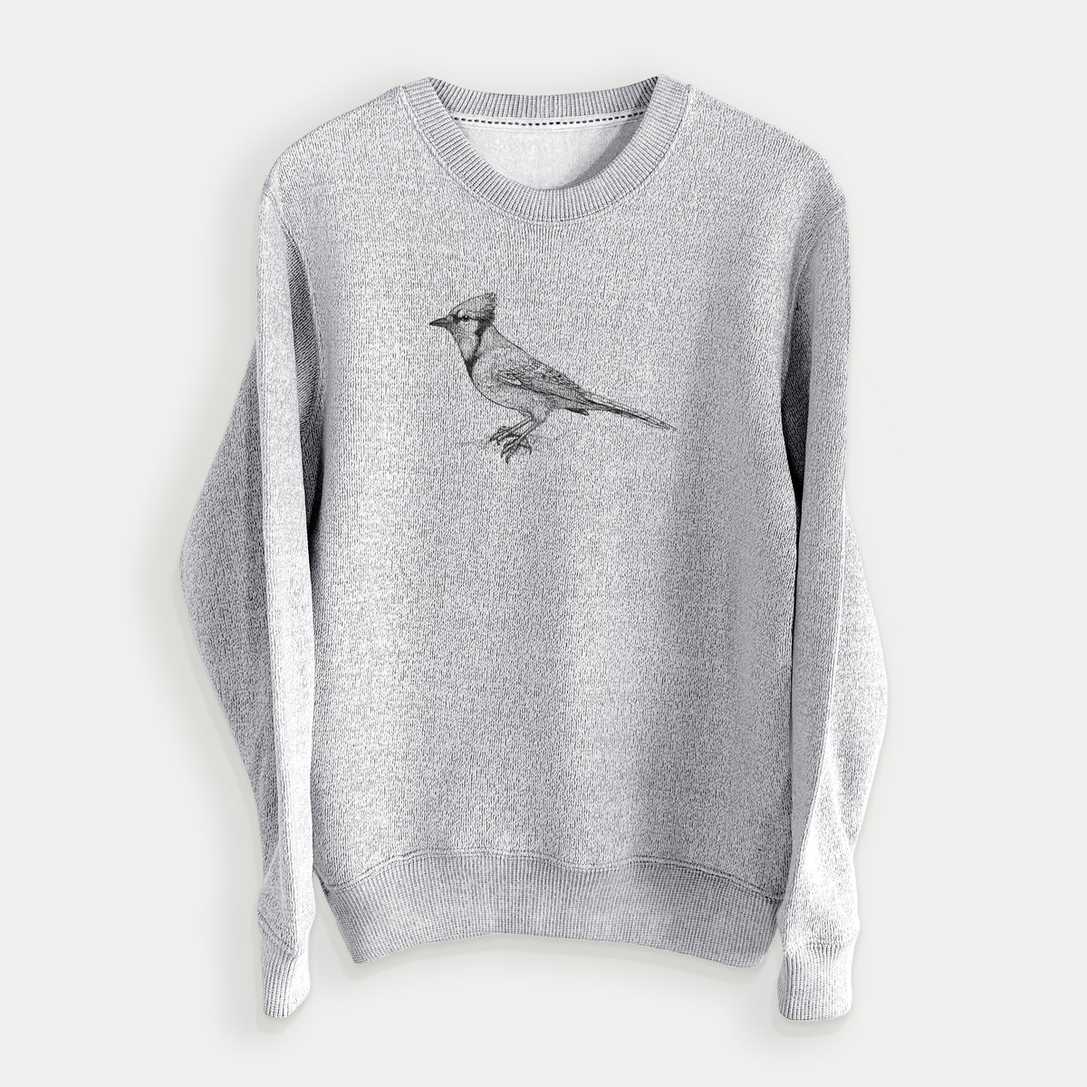 Salt and pepper knit sweatshirt laid flat, printed with a detailed black ink sketch of a blue jay perched with its crest raised.