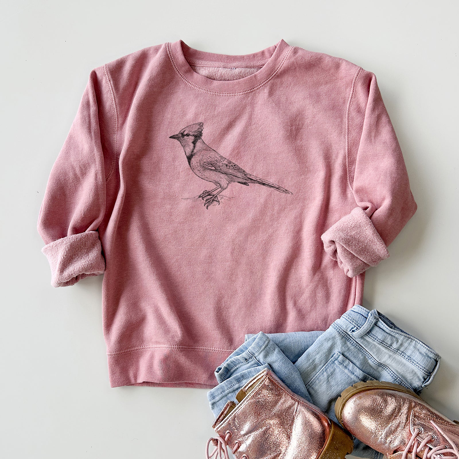 Boy wearing a youth crewneck sweatshirt printed with a detailed black ink sketch of a blue jay perched with its crest raised, outdoors.