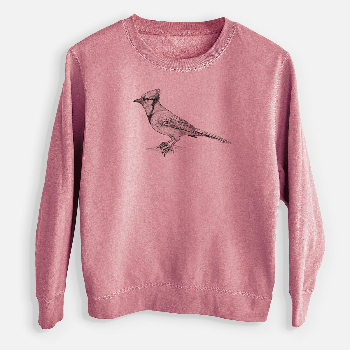 Mauve pink youth crewneck sweatshirt laid flat, printed with a detailed black ink sketch of a blue jay perched with its crest raised.