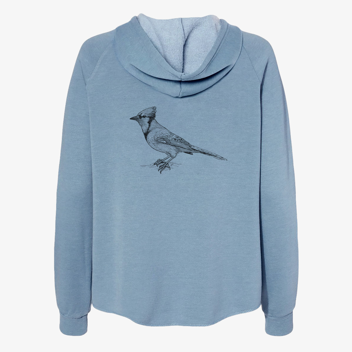 Misty blue women's Cali Wave zip-up sweatshirt laid flat, printed with a detailed black ink sketch of a blue jay perched with its crest raised.