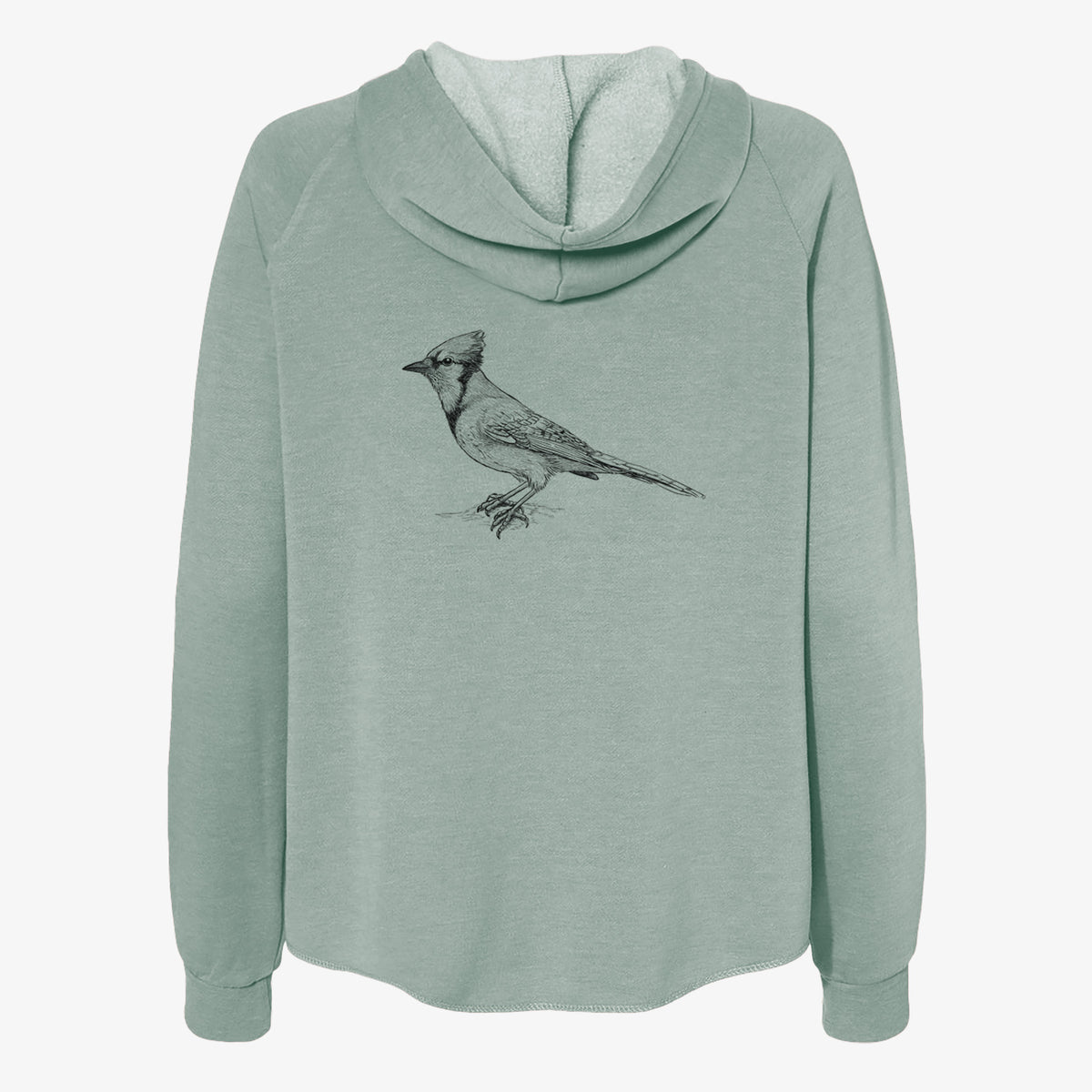 Sage green women's Cali Wave zip-up sweatshirt laid flat, printed with a detailed black ink sketch of a blue jay perched with its crest raised.
