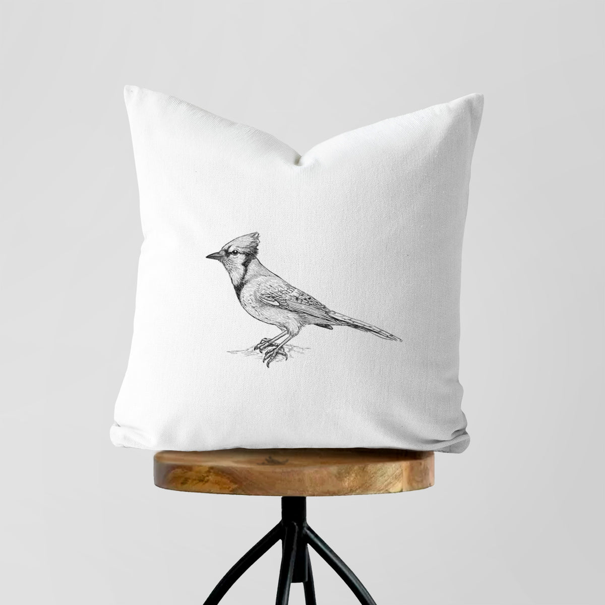 White pillow cover printed with a detailed black ink sketch of a blue jay perched with its crest raised, on a wooden stool.
