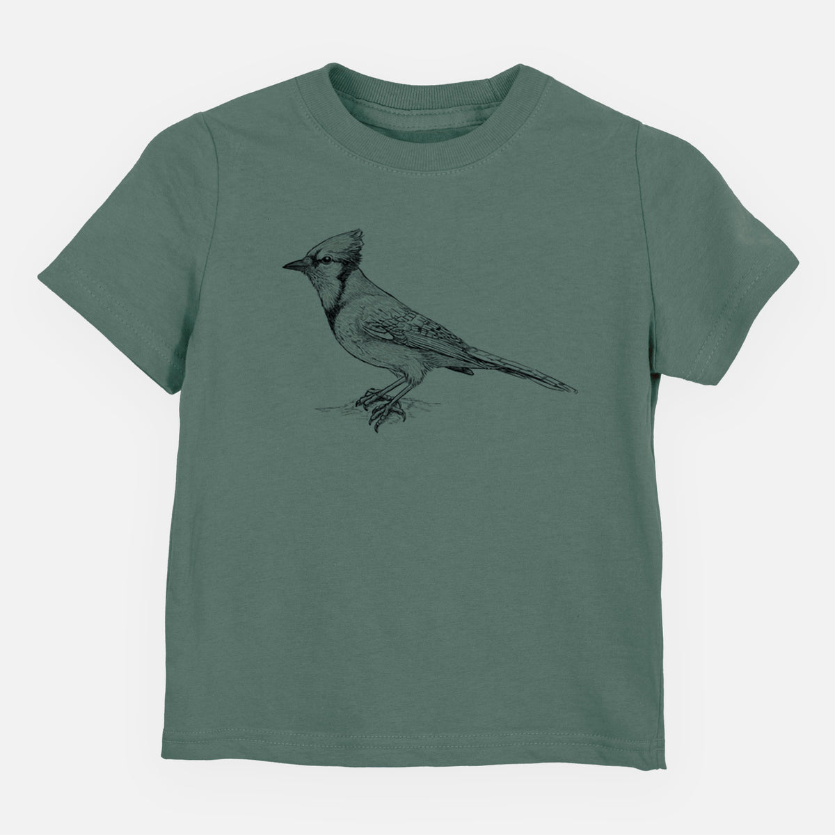 Basil green toddler t-shirt laid flat, printed with a detailed black ink sketch of a blue jay perched with its crest raised.
