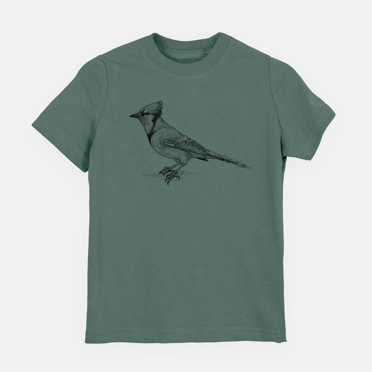 Basil green youth t-shirt laid flat, printed with a detailed black ink sketch of a blue jay perched with its crest raised.