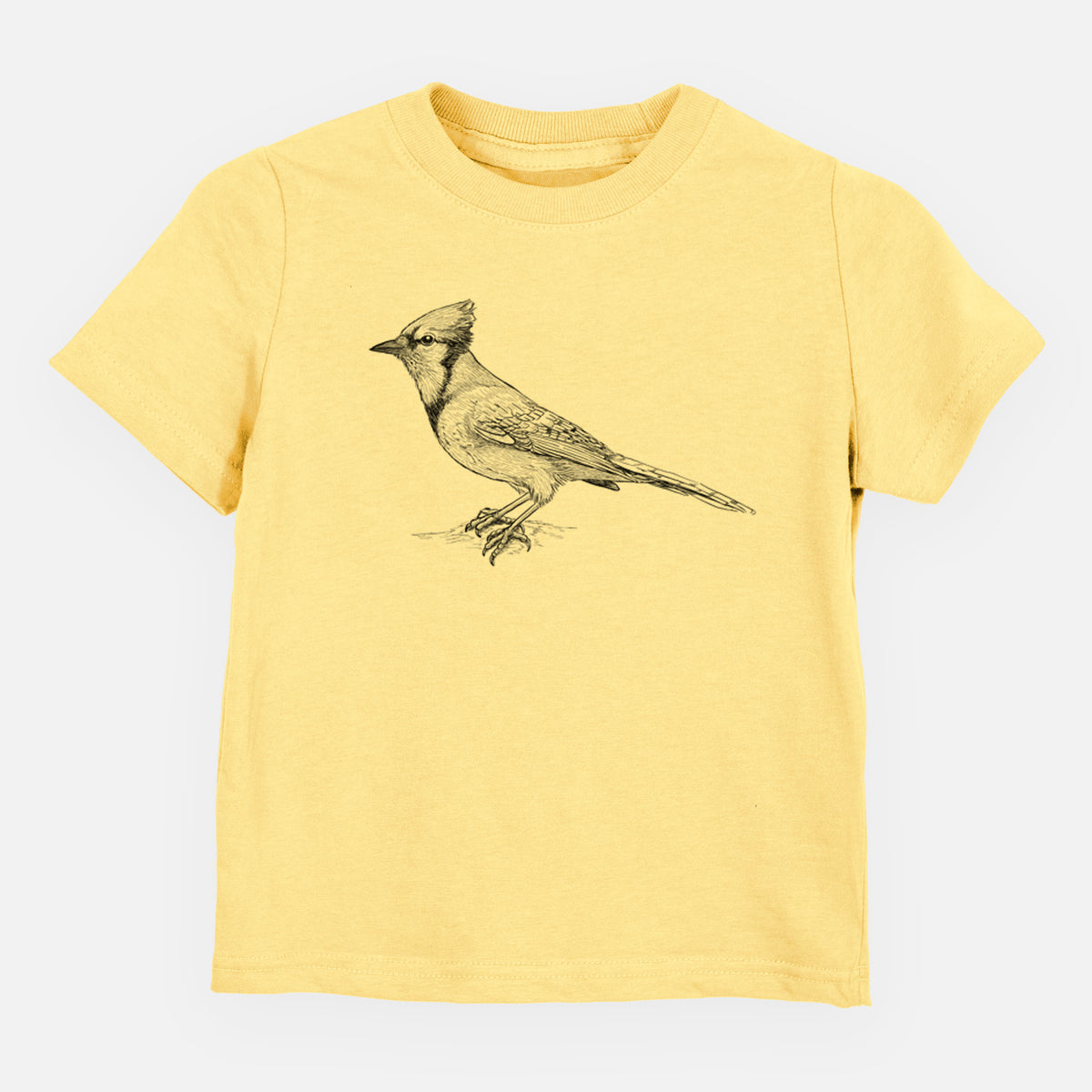 Butter yellow toddler t-shirt laid flat, printed with a detailed black ink sketch of a blue jay perched with its crest raised.