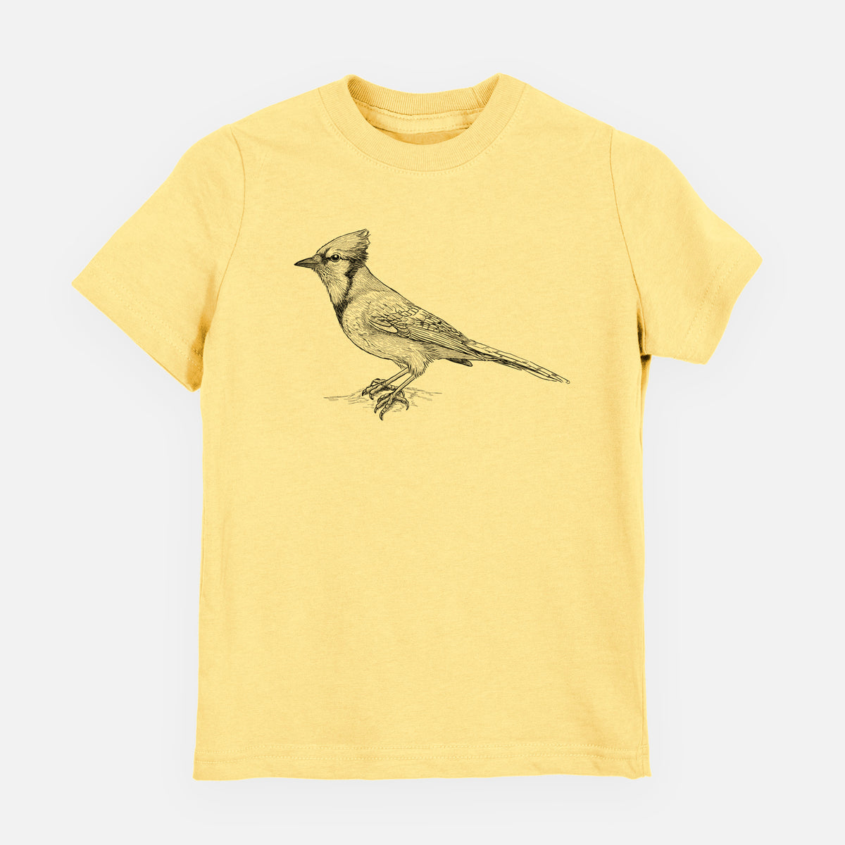 Butter yellow youth t-shirt laid flat, printed with a detailed black ink sketch of a blue jay perched with its crest raised.