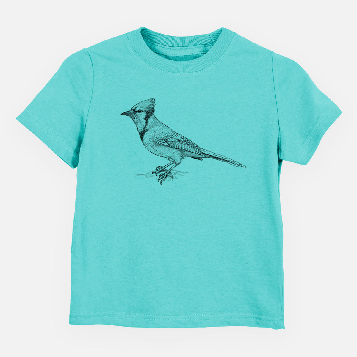 Caribbean blue toddler t-shirt laid flat, printed with a detailed black ink sketch of a blue jay perched with its crest raised.