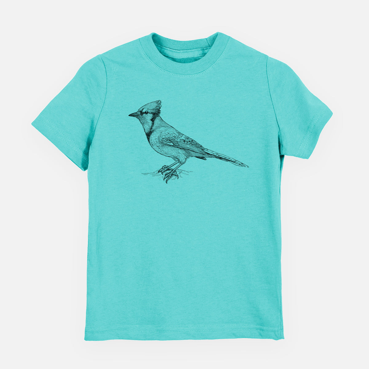 Caribbean blue youth t-shirt laid flat, printed with a detailed black ink sketch of a blue jay perched with its crest raised.
