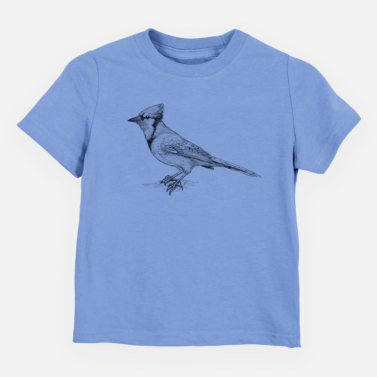 Carolina blue toddler t-shirt laid flat, printed with a detailed black ink sketch of a blue jay perched with its crest raised.