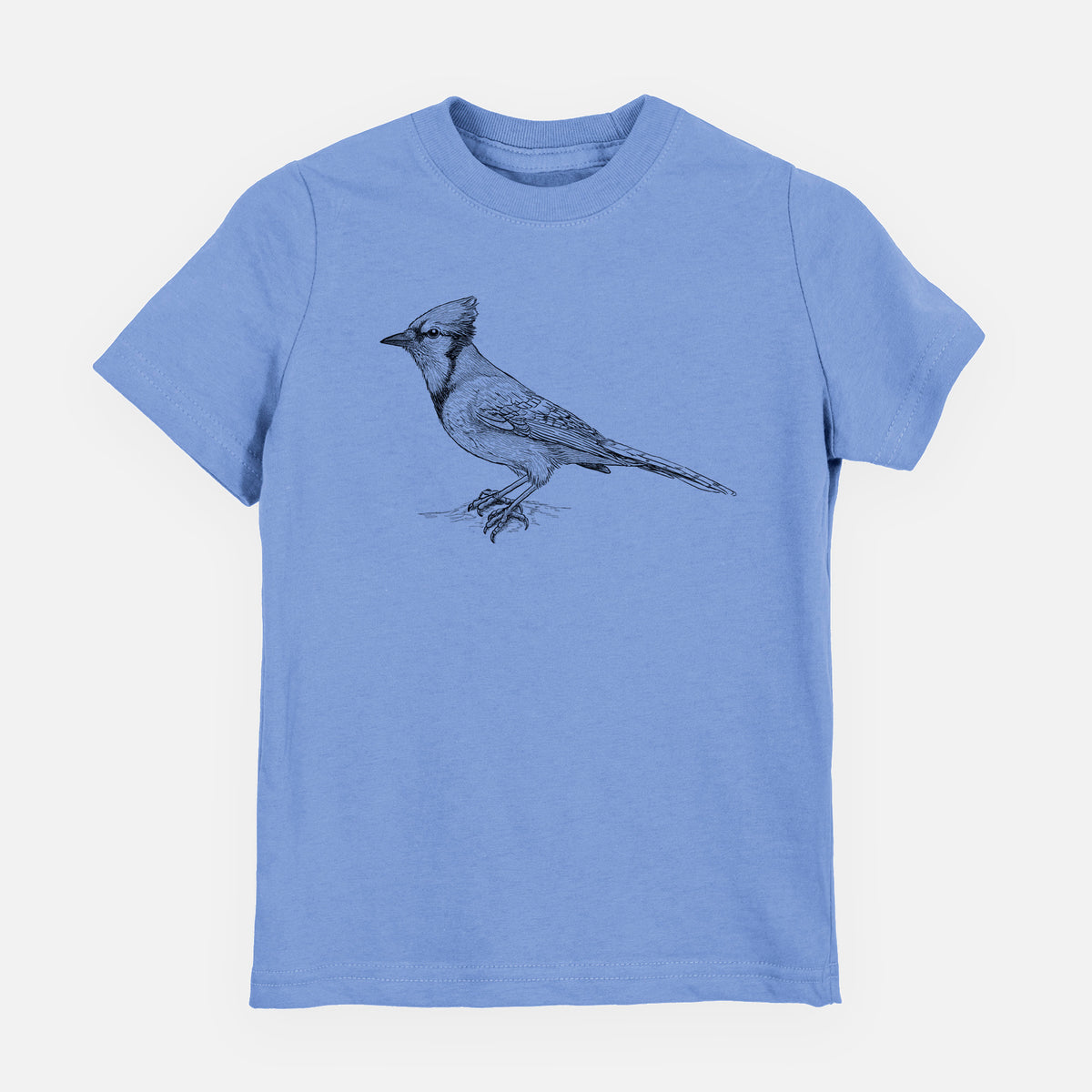 Carolina blue youth t-shirt laid flat, printed with a detailed black ink sketch of a blue jay perched with its crest raised.