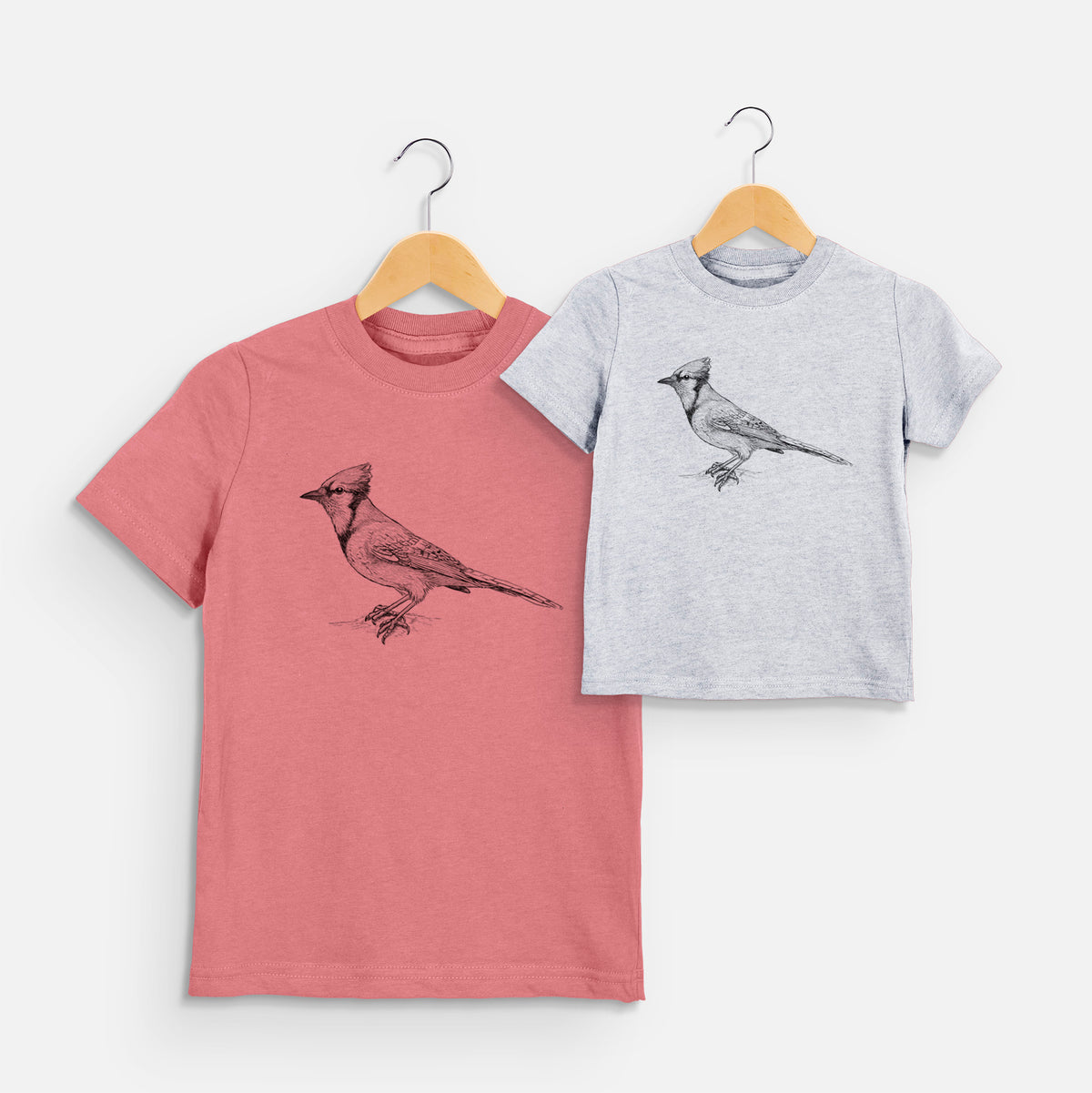 Two youth t-shirts in different colors on hangers, printed with a detailed black ink sketch of a blue jay perched with its crest raised.