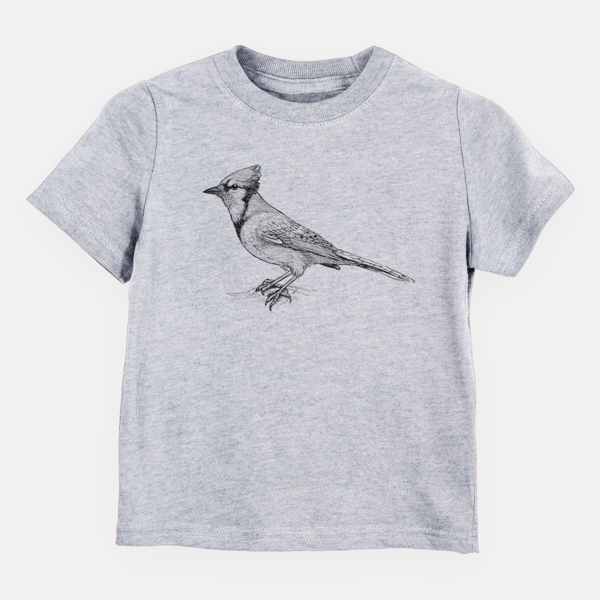 Heather grey toddler t-shirt laid flat, printed with a detailed black ink sketch of a blue jay perched with its crest raised.