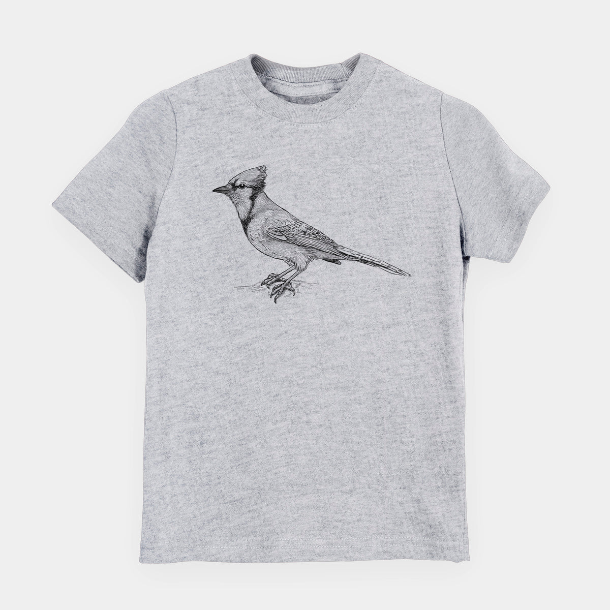 Heather grey youth t-shirt laid flat, printed with a detailed black ink sketch of a blue jay perched with its crest raised.