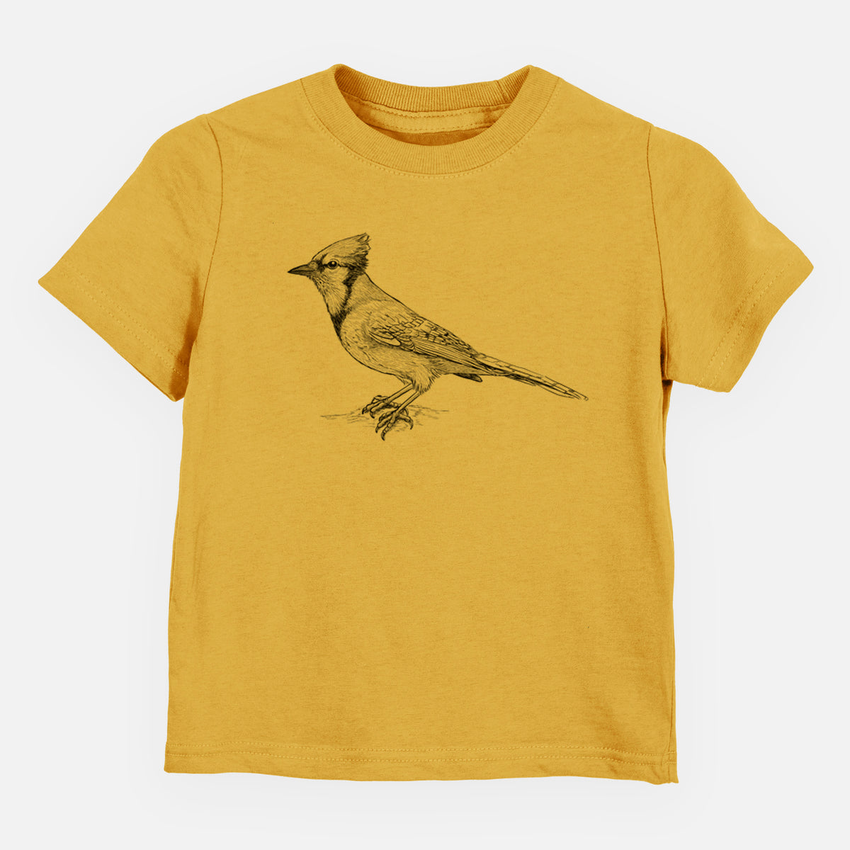 Honeycomb yellow toddler t-shirt laid flat, printed with a detailed black ink sketch of a blue jay perched with its crest raised.