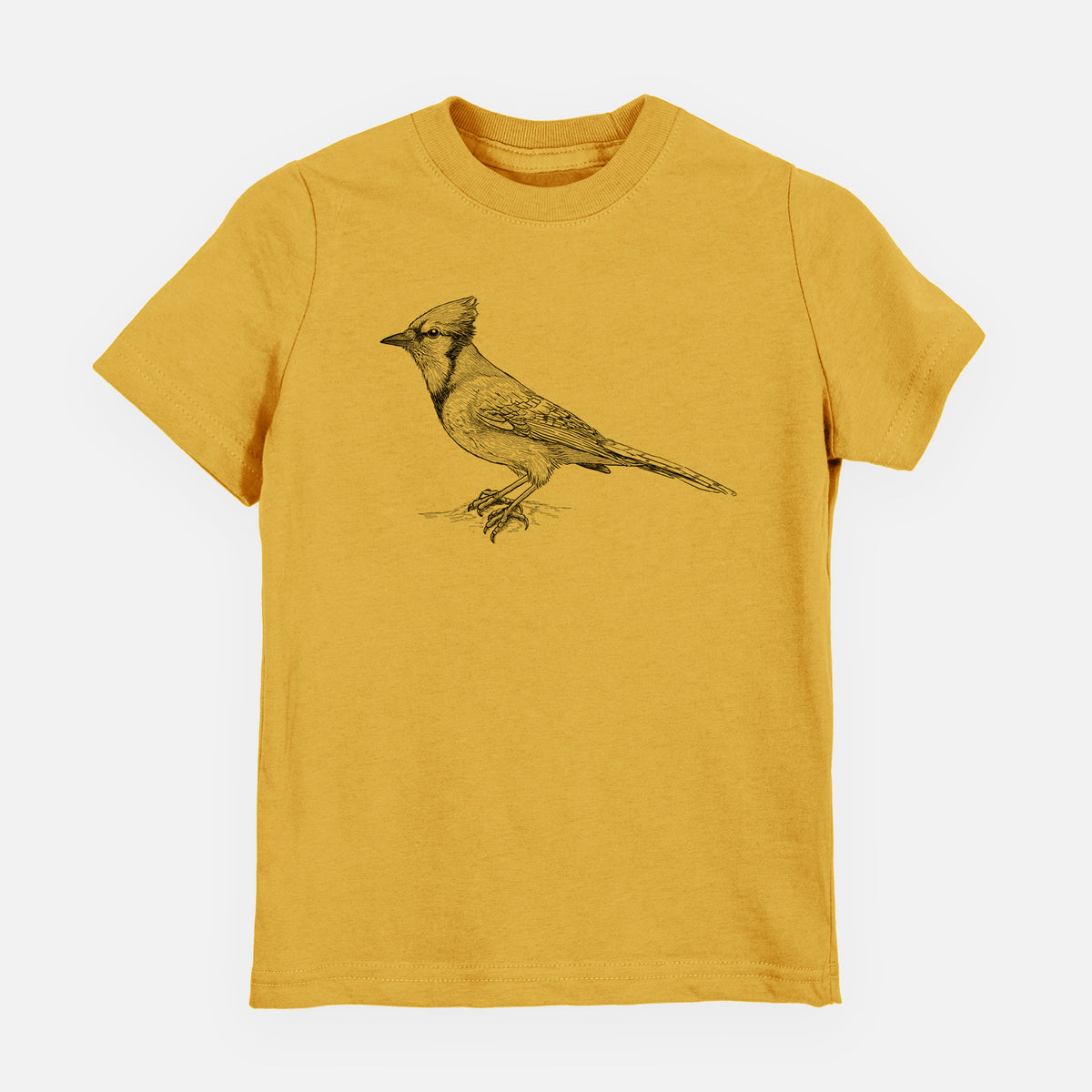 Honeycomb yellow youth t-shirt laid flat, printed with a detailed black ink sketch of a blue jay perched with its crest raised.