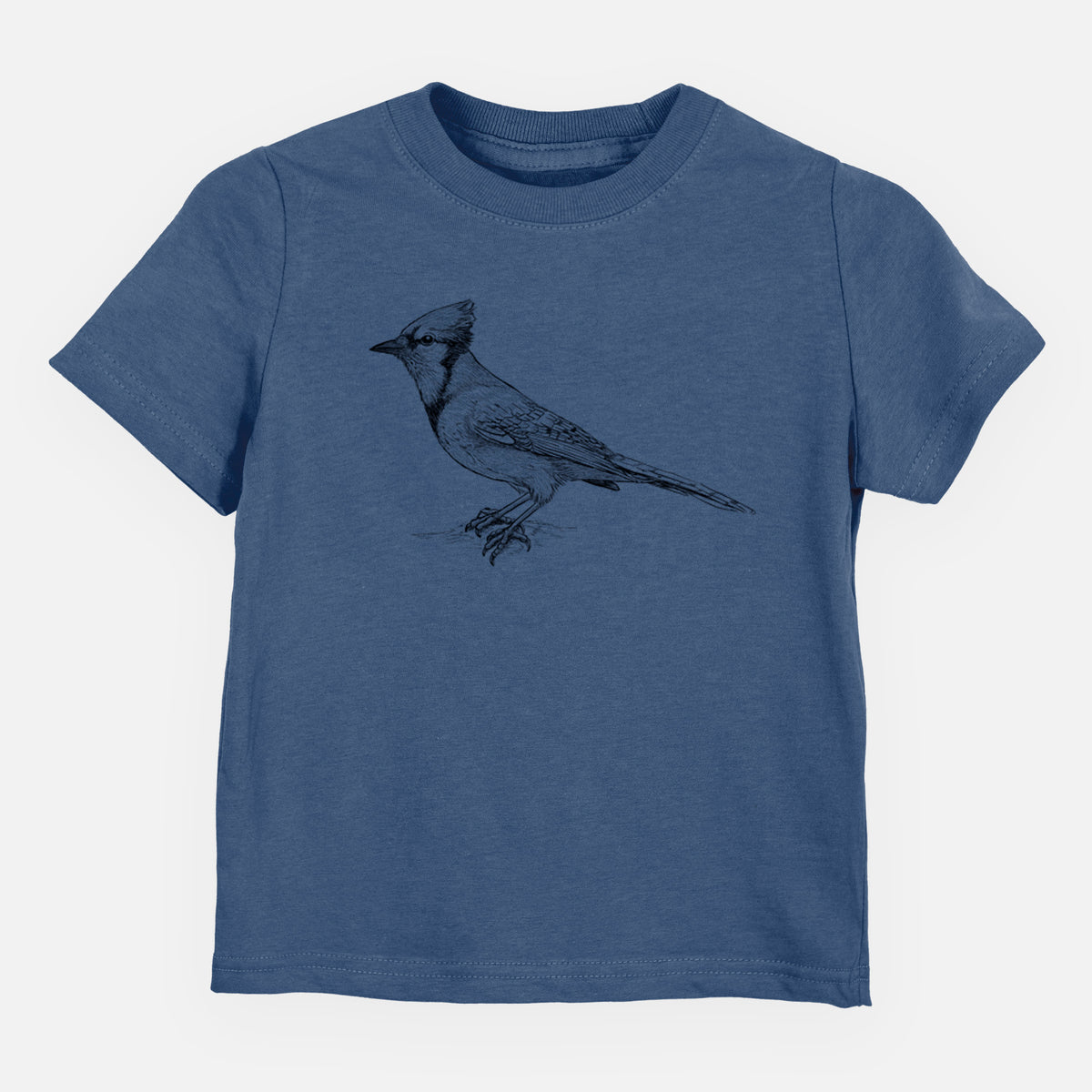 Indigo blue toddler t-shirt laid flat, printed with a detailed black ink sketch of a blue jay perched with its crest raised.