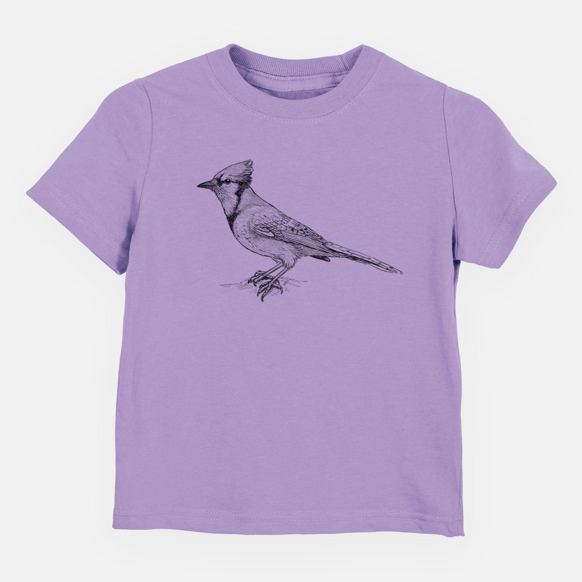 Lavender toddler t-shirt laid flat, printed with a detailed black ink sketch of a blue jay perched with its crest raised.