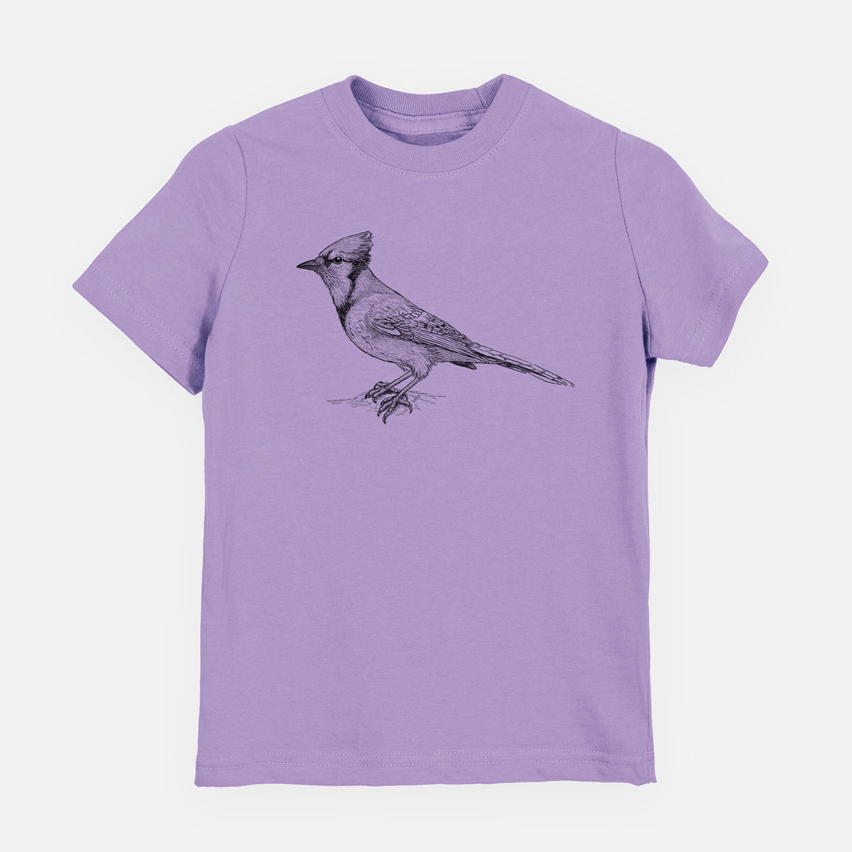 Lavender youth t-shirt laid flat, printed with a detailed black ink sketch of a blue jay perched with its crest raised.