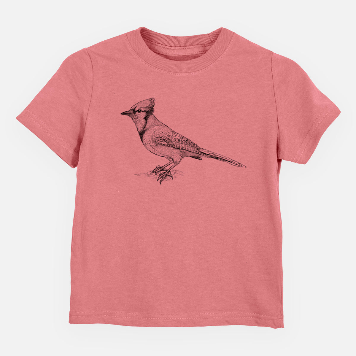 Mauve pink toddler t-shirt laid flat, printed with a detailed black ink sketch of a blue jay perched with its crest raised.