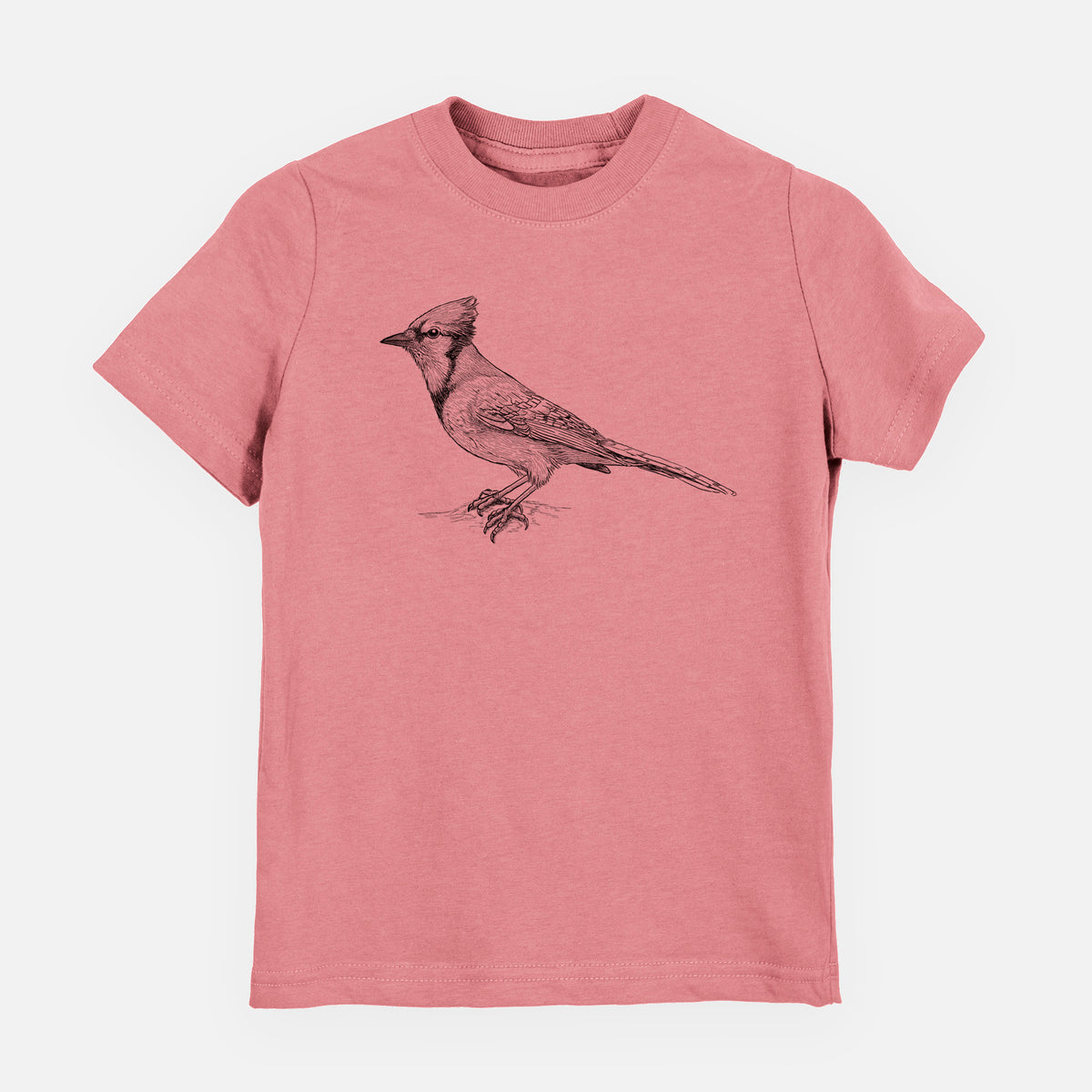 Mauve pink youth t-shirt laid flat, printed with a detailed black ink sketch of a blue jay perched with its crest raised.