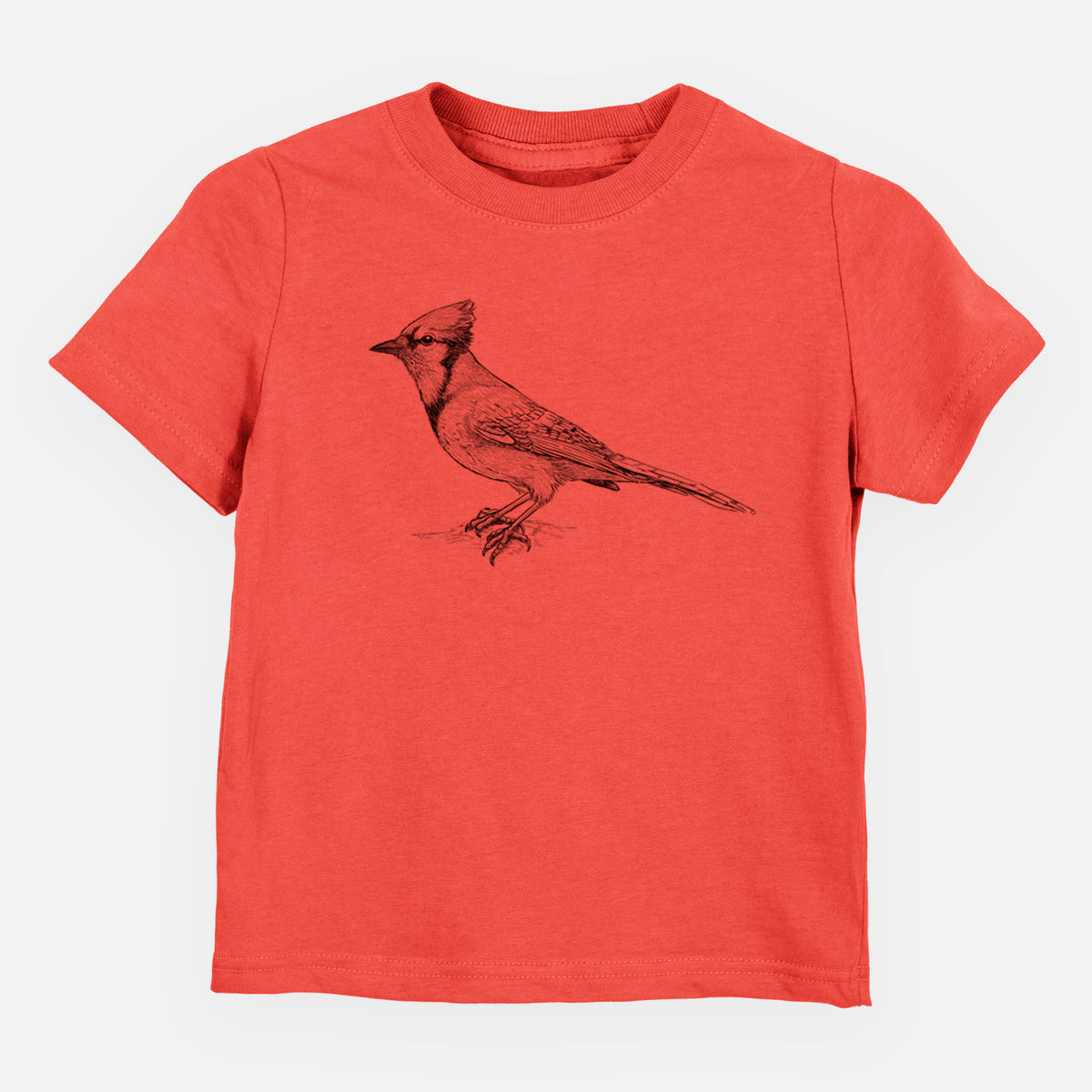 Passionfruit pink toddler t-shirt laid flat, printed with a detailed black ink sketch of a blue jay perched with its crest raised.