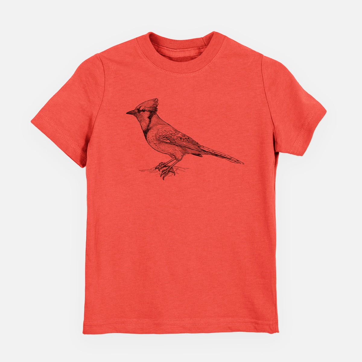 Passionfruit pink youth t-shirt laid flat, printed with a detailed black ink sketch of a blue jay perched with its crest raised.