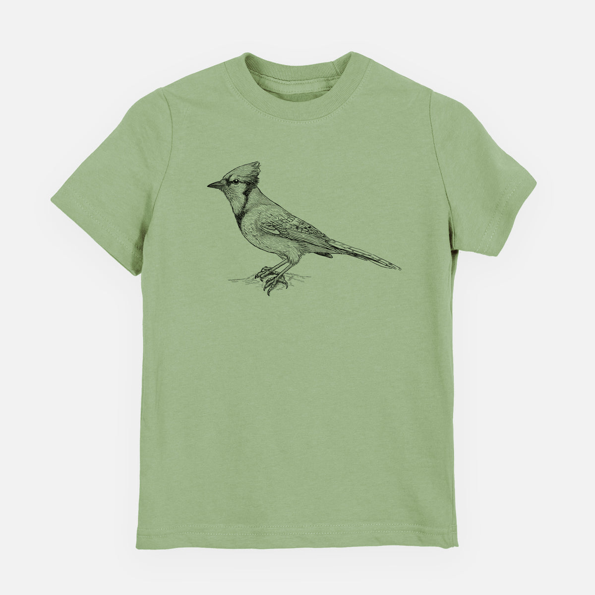 Sage green youth t-shirt laid flat, printed with a detailed black ink sketch of a blue jay perched with its crest raised.