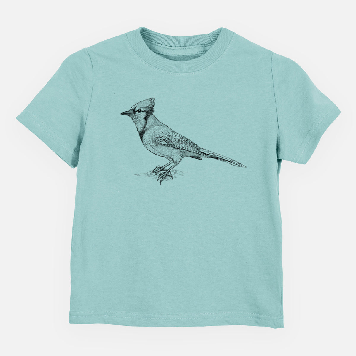 Saltwater toddler t-shirt laid flat, printed with a detailed black ink sketch of a blue jay perched with its crest raised.