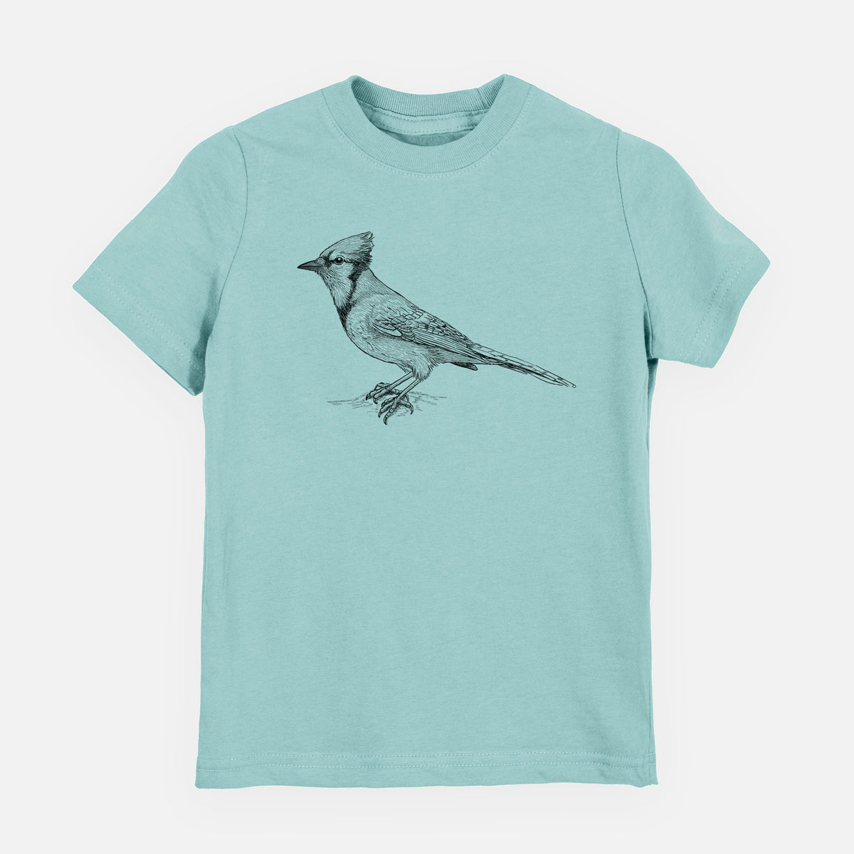 Saltwater youth t-shirt laid flat, printed with a detailed black ink sketch of a blue jay perched with its crest raised.