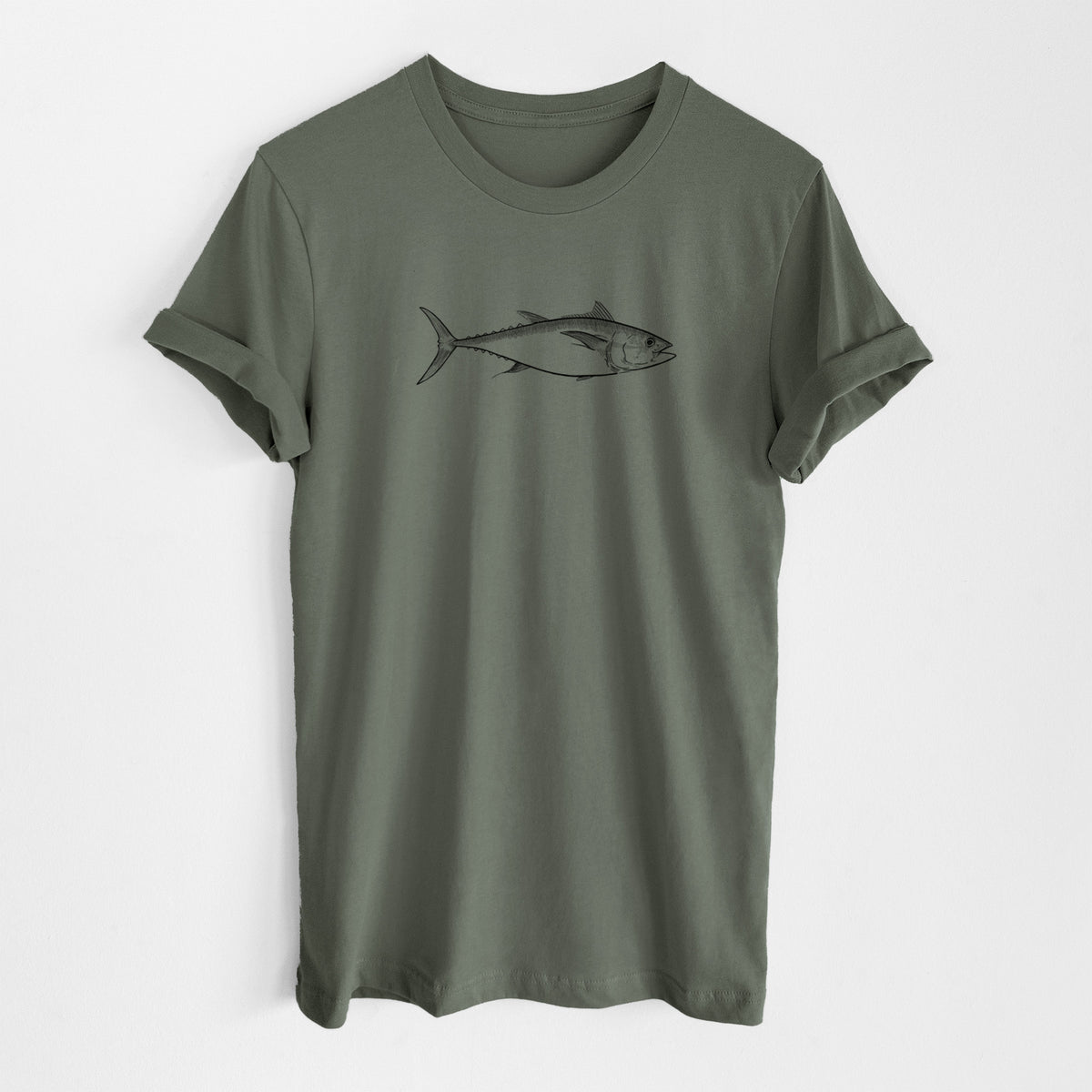Military green lightweight cotton t-shirt laid flat, printed with a black ink line drawing of a bluefin tuna swimming.