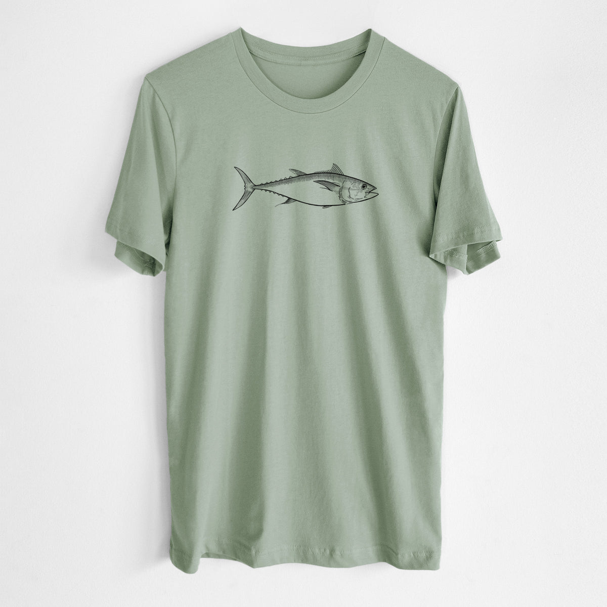 Sage green lightweight cotton t-shirt laid flat, printed with a black ink line drawing of a bluefin tuna swimming.