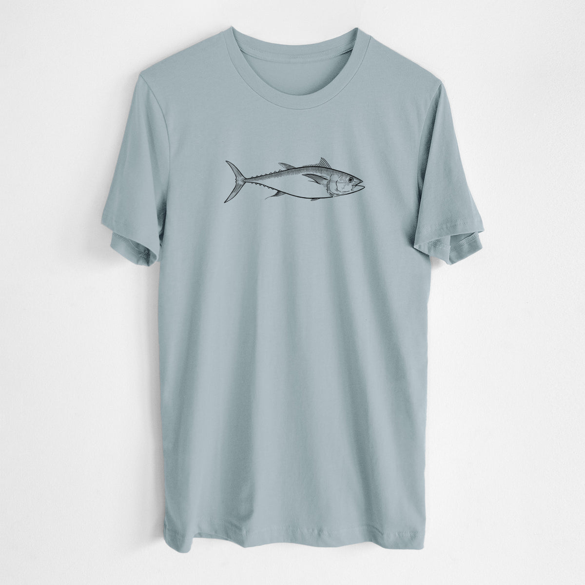 Vintage denim lightweight cotton t-shirt laid flat, printed with a black ink line drawing of a bluefin tuna swimming.