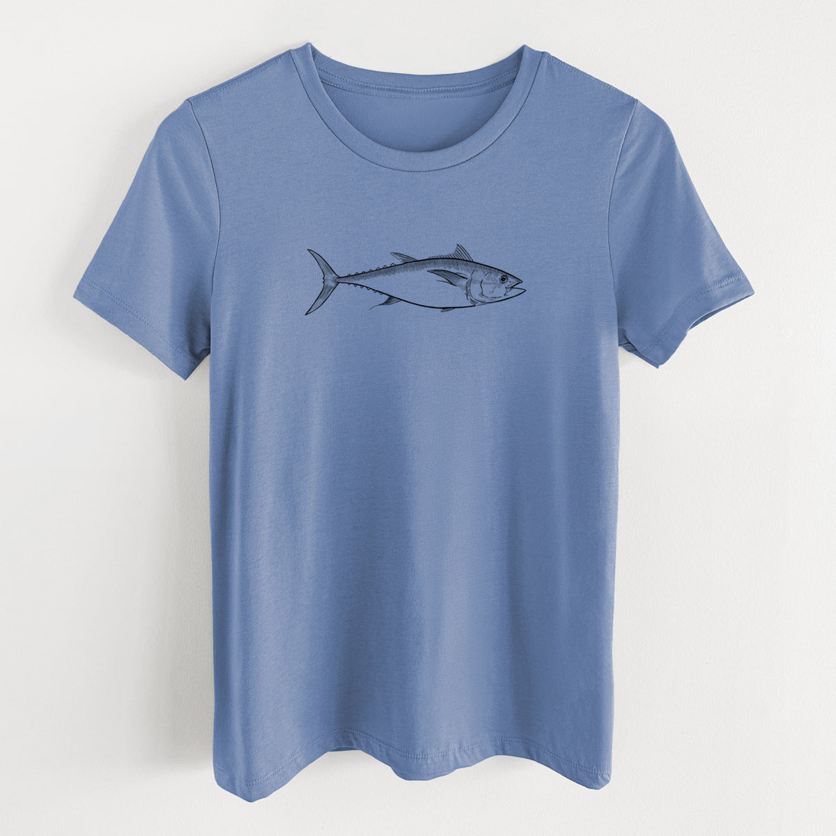 Blue bell women's relaxed fit cotton t-shirt laid flat, printed with a black ink line drawing of a bluefin tuna swimming.